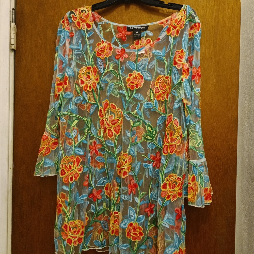 Beautiful floral shear tunic with bell sleeve